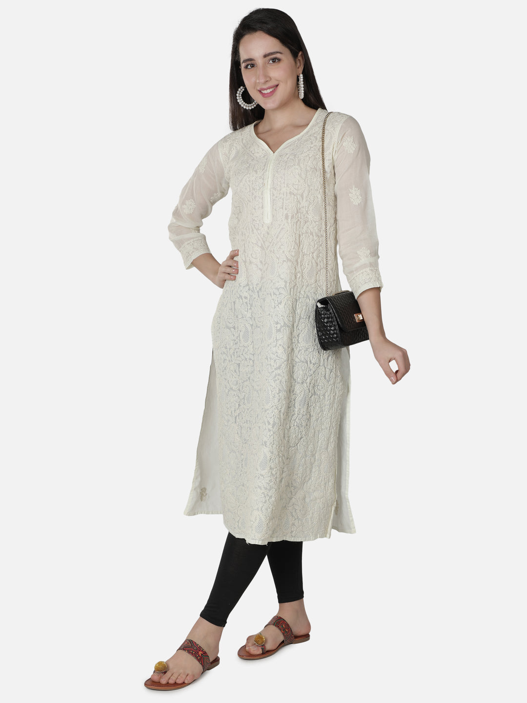 Cream Kurta in Jaali-Bakhiya Style Chikan Work