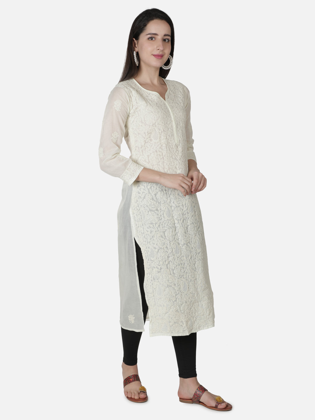 Cream Kurta in Jaali-Bakhiya Style Chikan Work