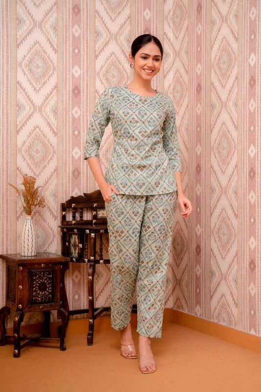 Cream-Printed-Long-A-line-Cotton-Night-Suit