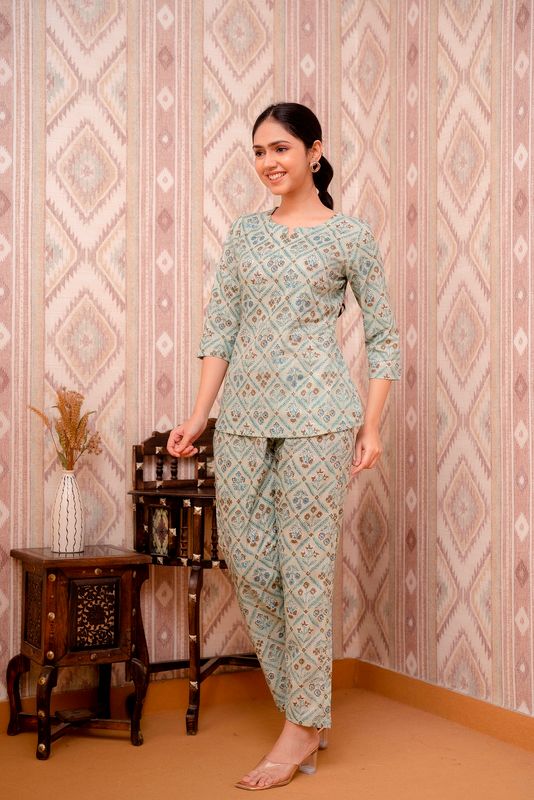 Cream-Printed-Long-A-line-Cotton-Night-Suit