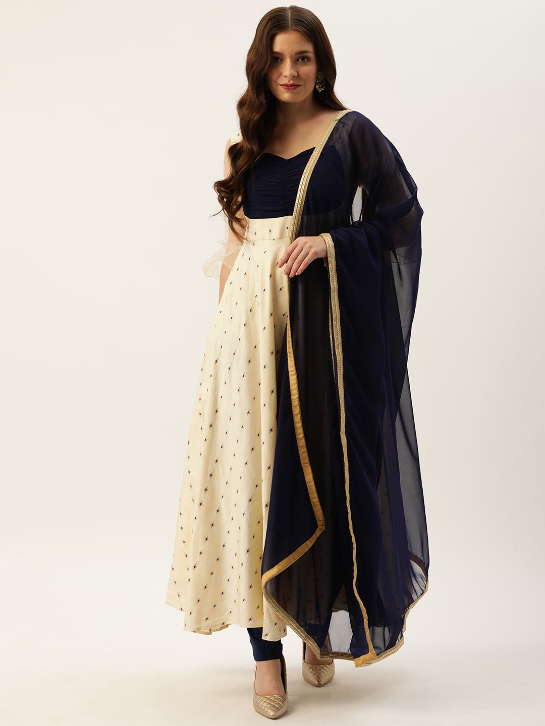 Cream-Satin-&-Blue-Ruched-Style-Anarkali-Suit