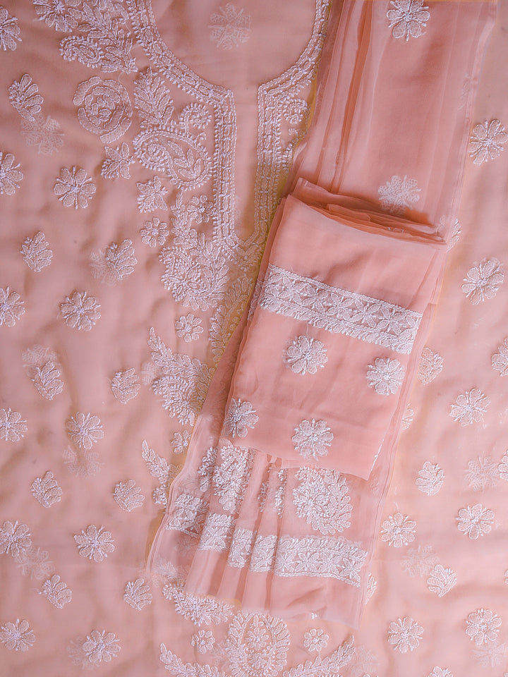 Peach Chikankari Unstitched Dress Material