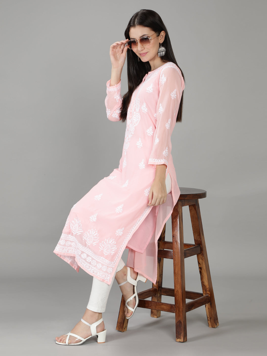 Crepe Pink Georgette Chikan Kurta with Slip