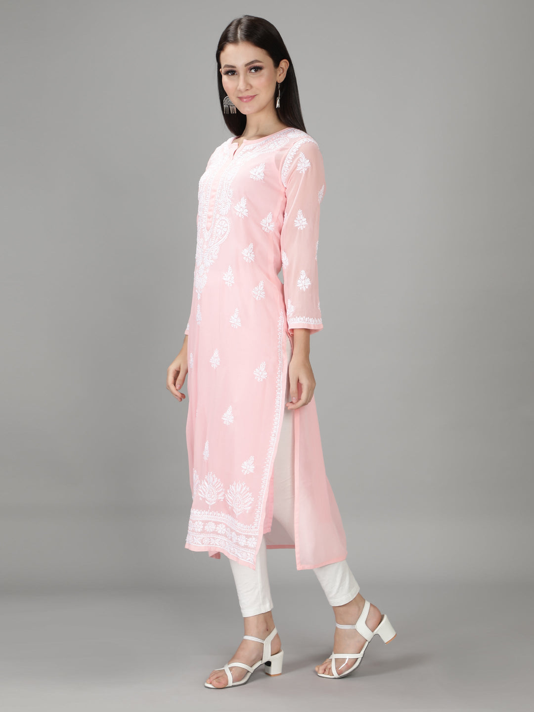 Crepe Pink Georgette Chikan Kurta with Slip