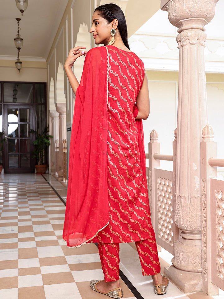 Crimson Red Brocade Woven Design V-Neck 3-Piece Kurta Set