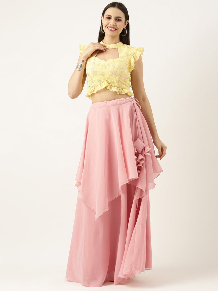Cute Pink & Yellow Georgette Embroidered Lehenga Set