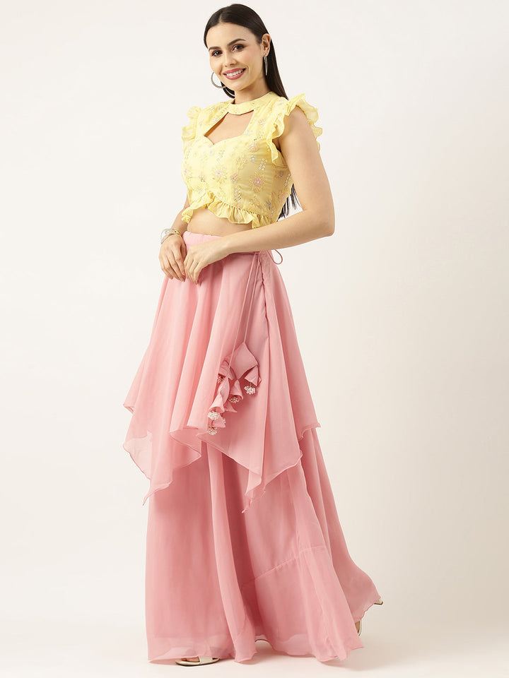 Cute Pink & Yellow Georgette Embroidered Lehenga Set