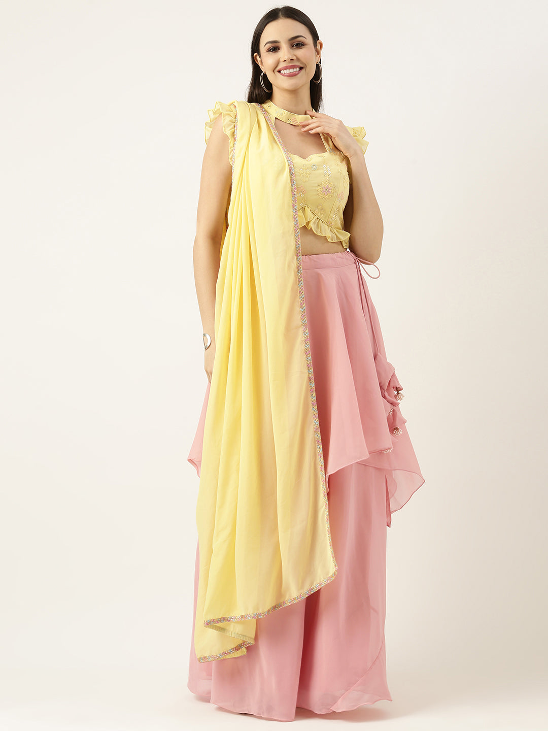 Cute Pink & Yellow Georgette Embroidered Lehenga Set
