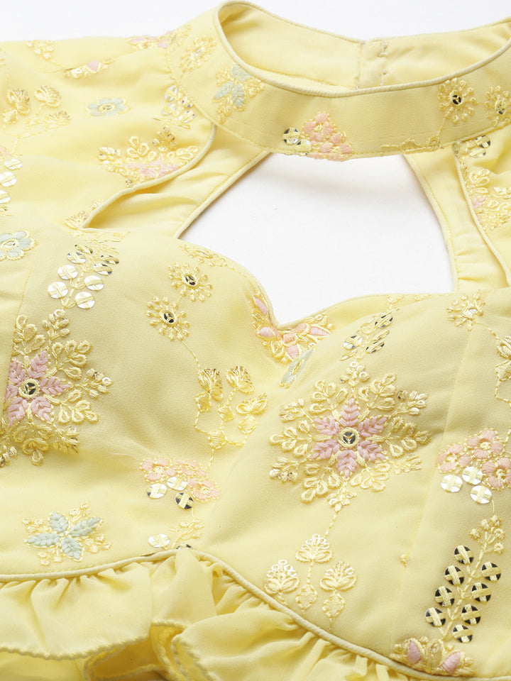 Cute Pink & Yellow Georgette Embroidered Lehenga Set