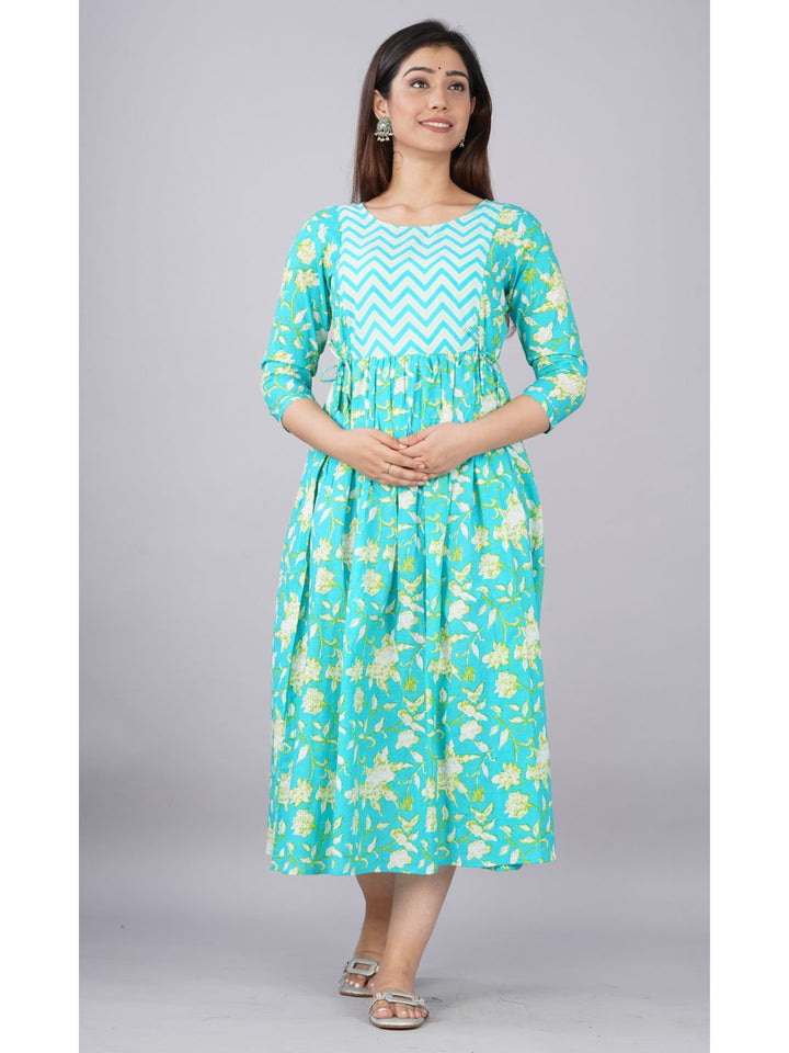 Cyan-Floral-Print-Cotton-Maternity-Dress