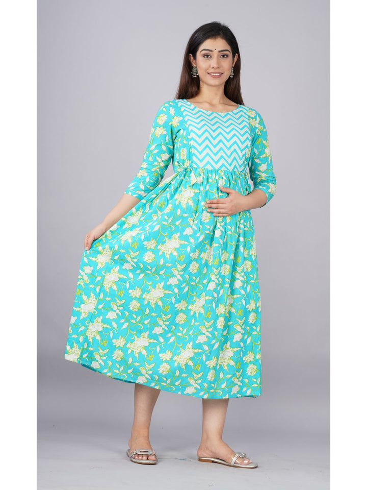 Cyan-Floral-Print-Cotton-Maternity-Dress