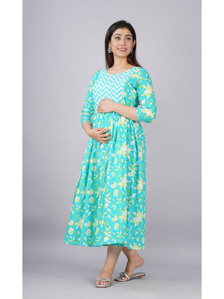 Cyan-Floral-Print-Cotton-Maternity-Dress
