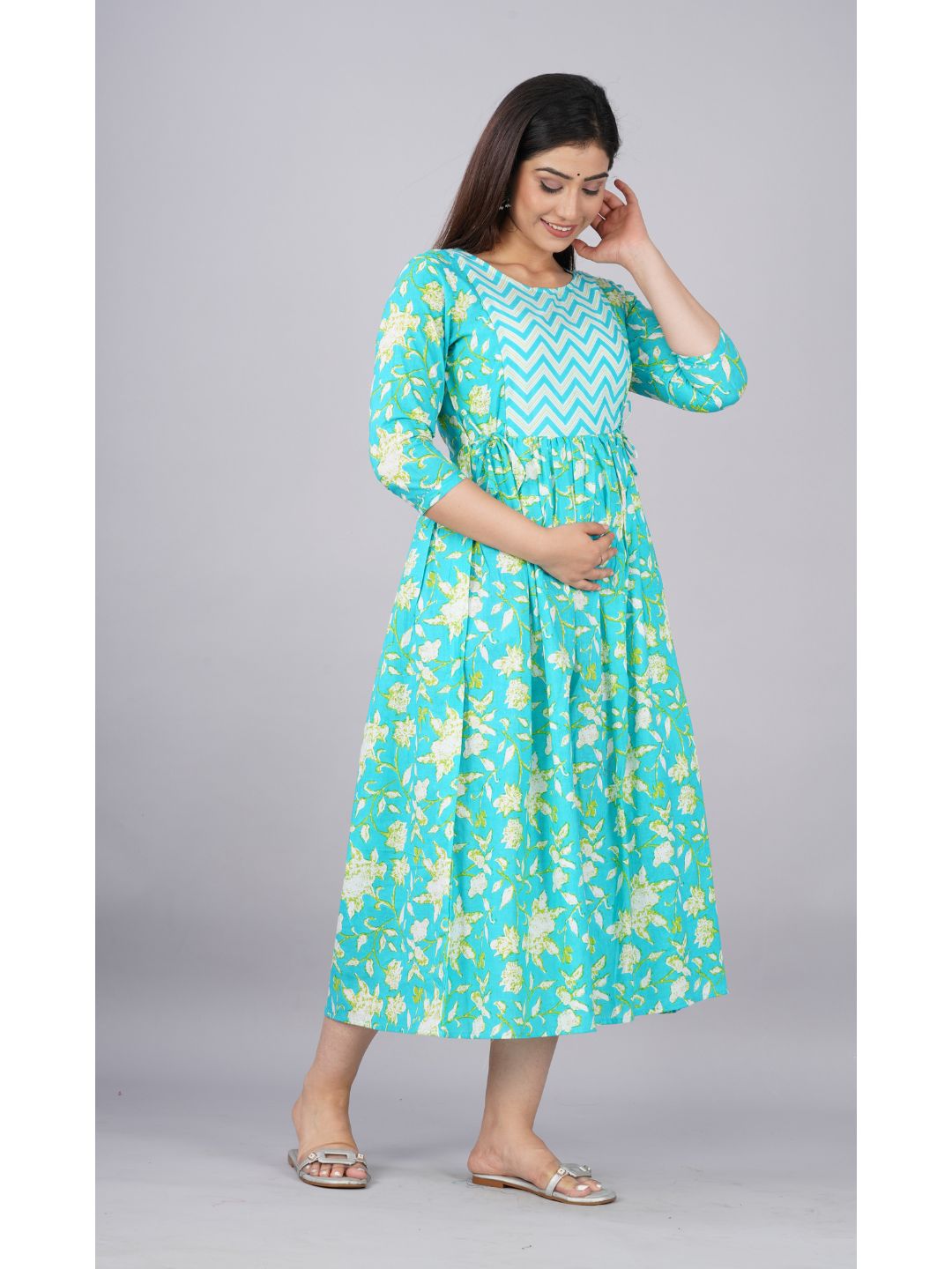Cyan-Floral-Print-Cotton-Maternity-Dress