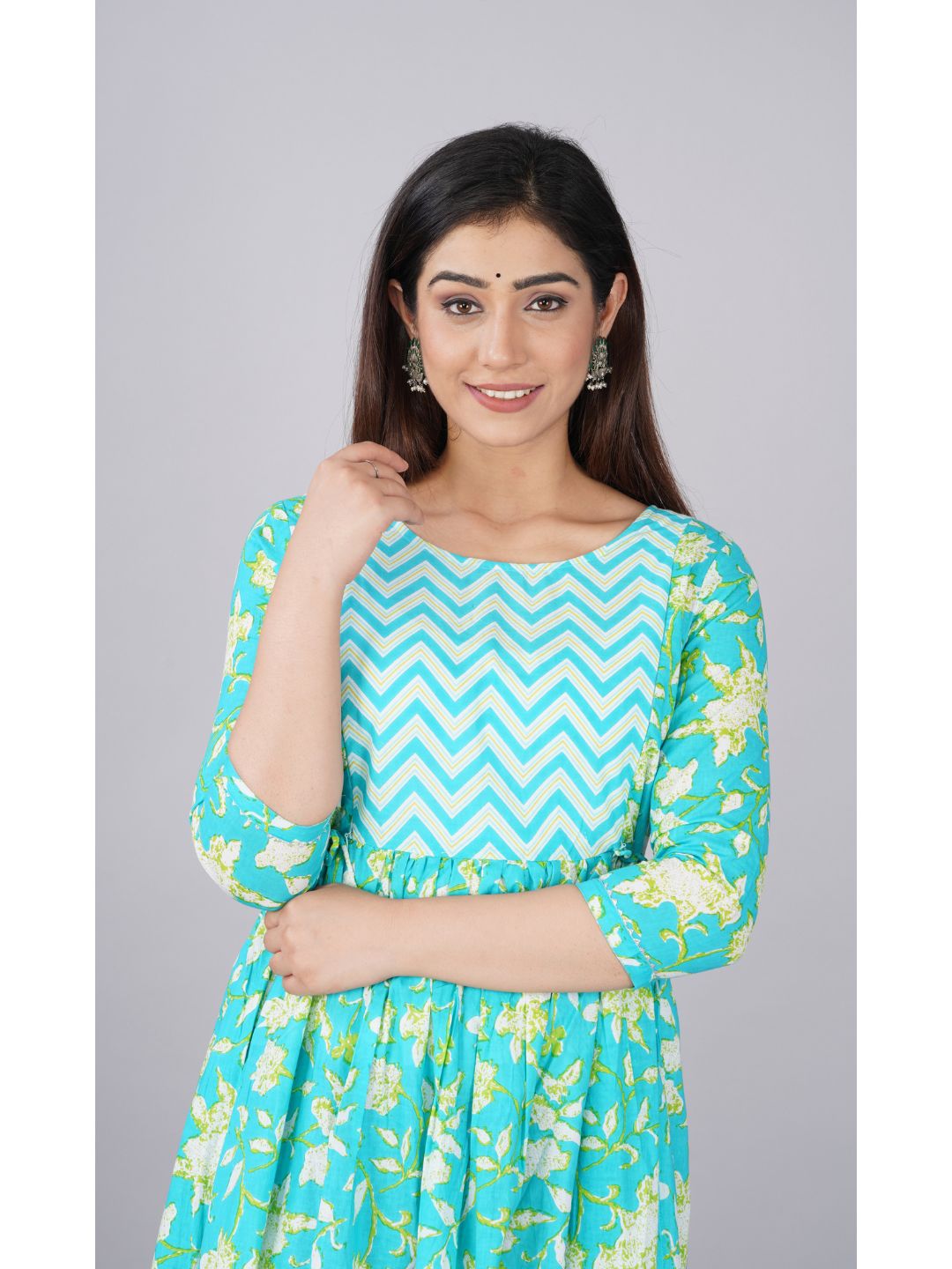 Cyan-Floral-Print-Cotton-Maternity-Dress