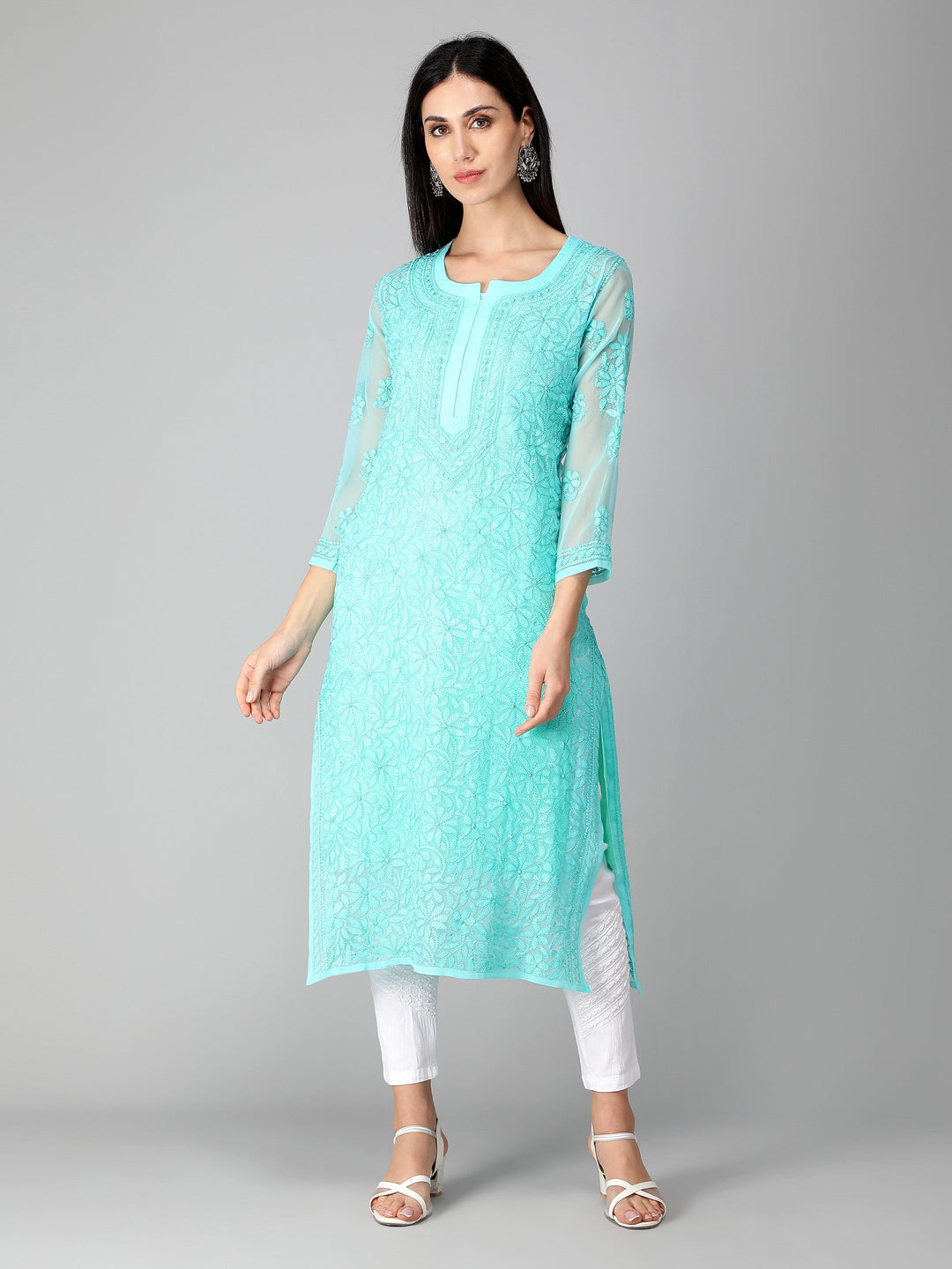 Cyan-Georgette-Chikan-Kurta-with-Slip