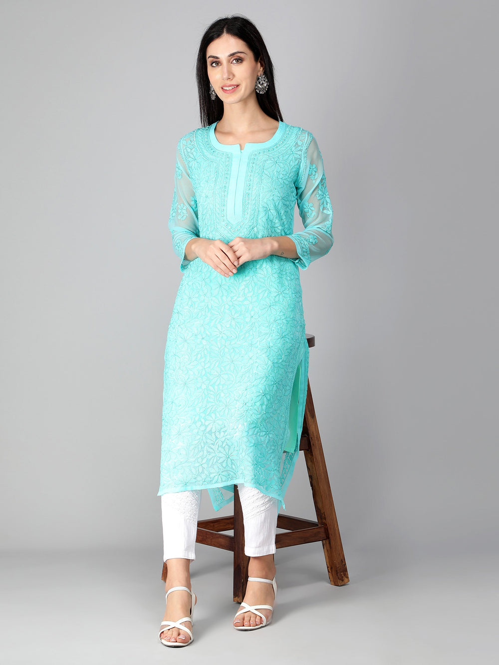Cyan-Georgette-Chikan-Kurta-with-Slip