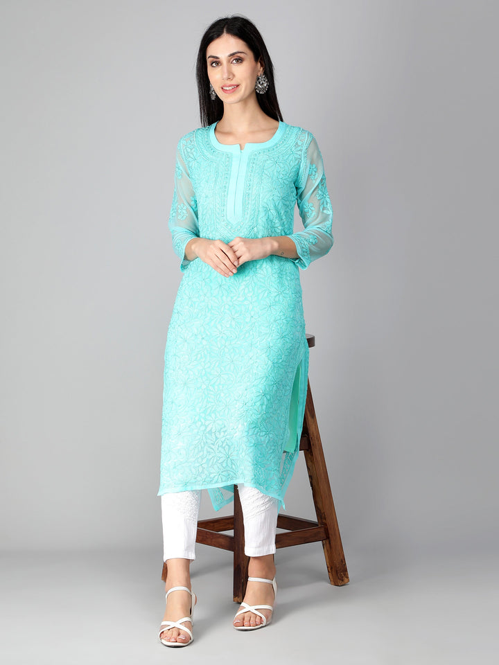 Cyan-Georgette-Chikan-Kurta-with-Slip