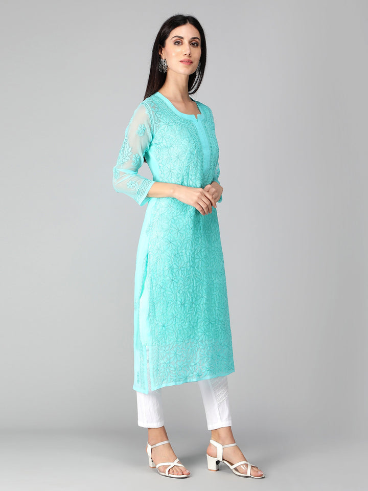 Cyan-Georgette-Chikan-Kurta-with-Slip