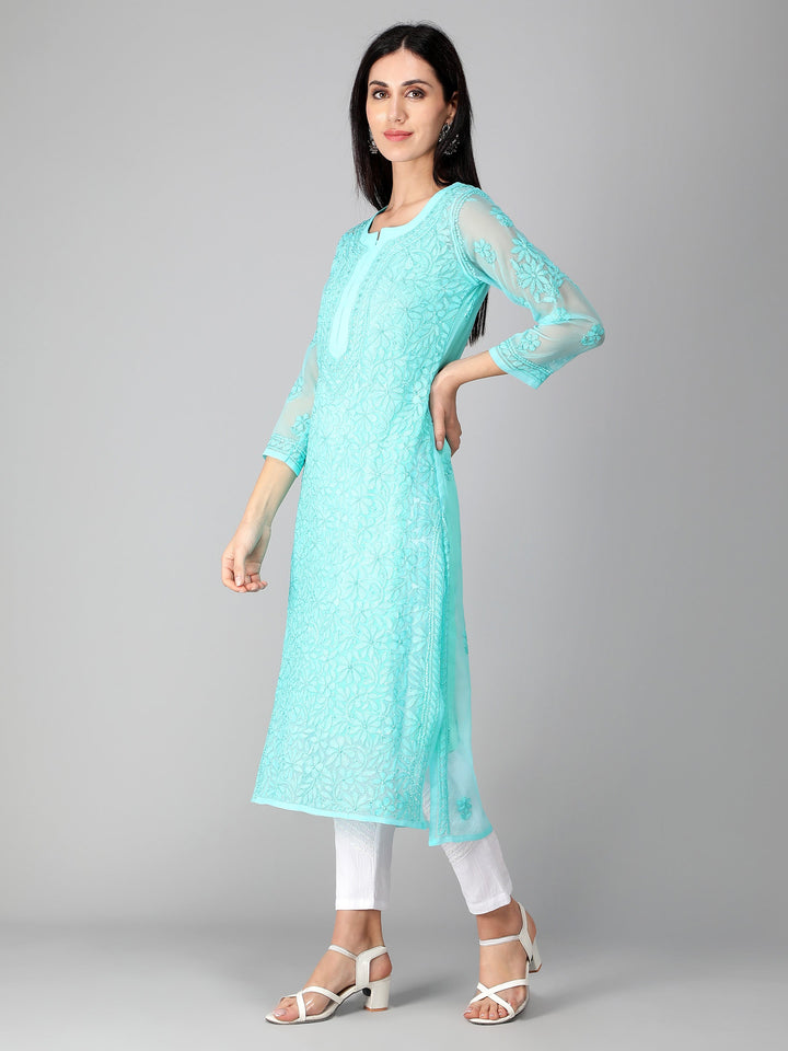 Cyan-Georgette-Chikan-Kurta-with-Slip