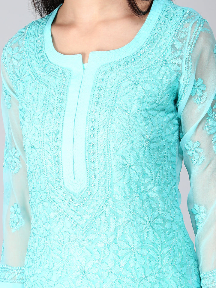 Cyan-Georgette-Chikan-Kurta-with-Slip