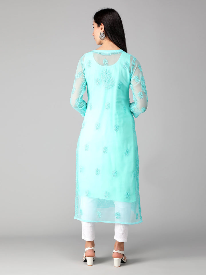 Cyan-Georgette-Chikan-Kurta-with-Slip