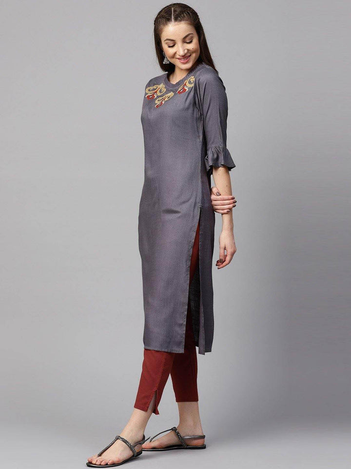 Grey & Maroon Solid Kurta With Trousers