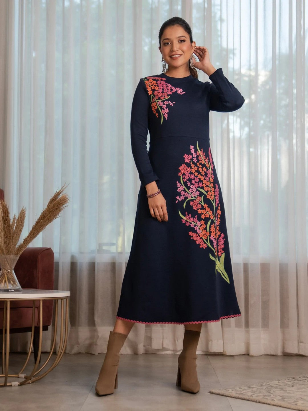 Navy-Blue-Acrylic-Floral-Flared-Dress