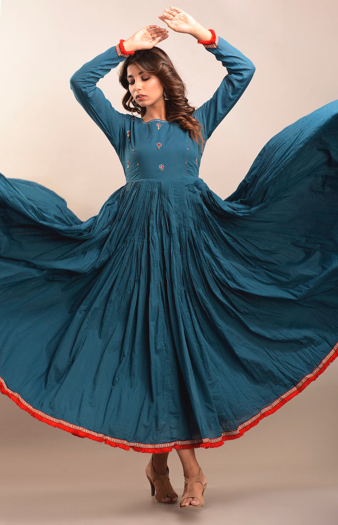 Peacock Blue Flared Gathered Waist Long Dress