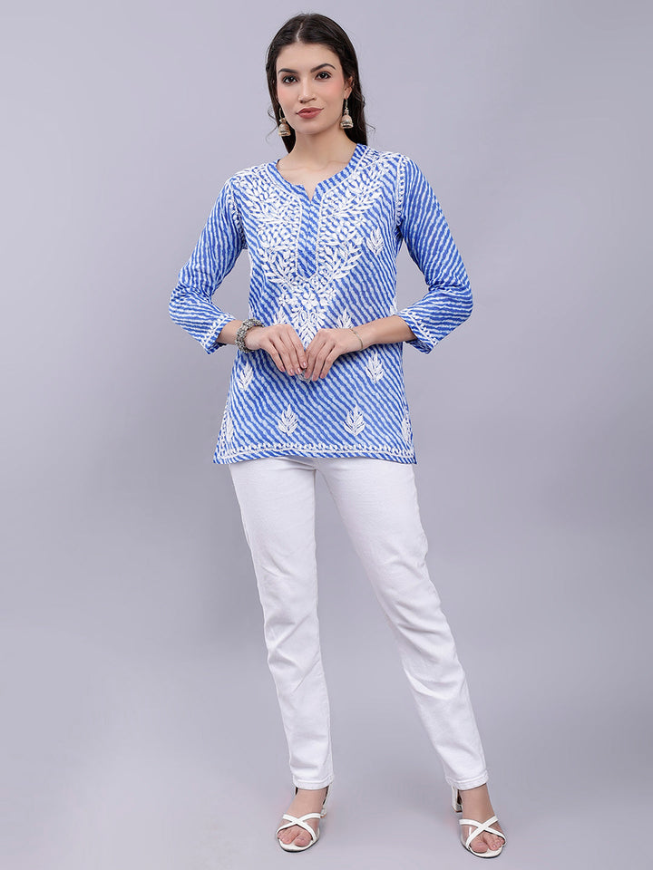 Dark Blue Cotton Chikankari Embroidered Tunic Top