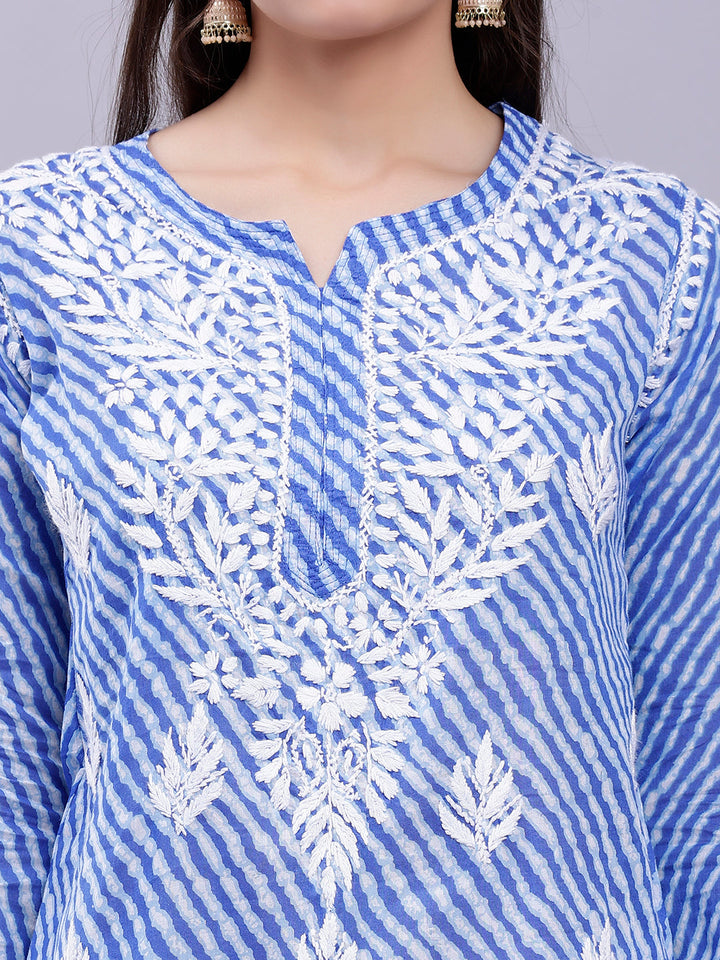 Dark Blue Cotton Chikankari Embroidered Tunic Top