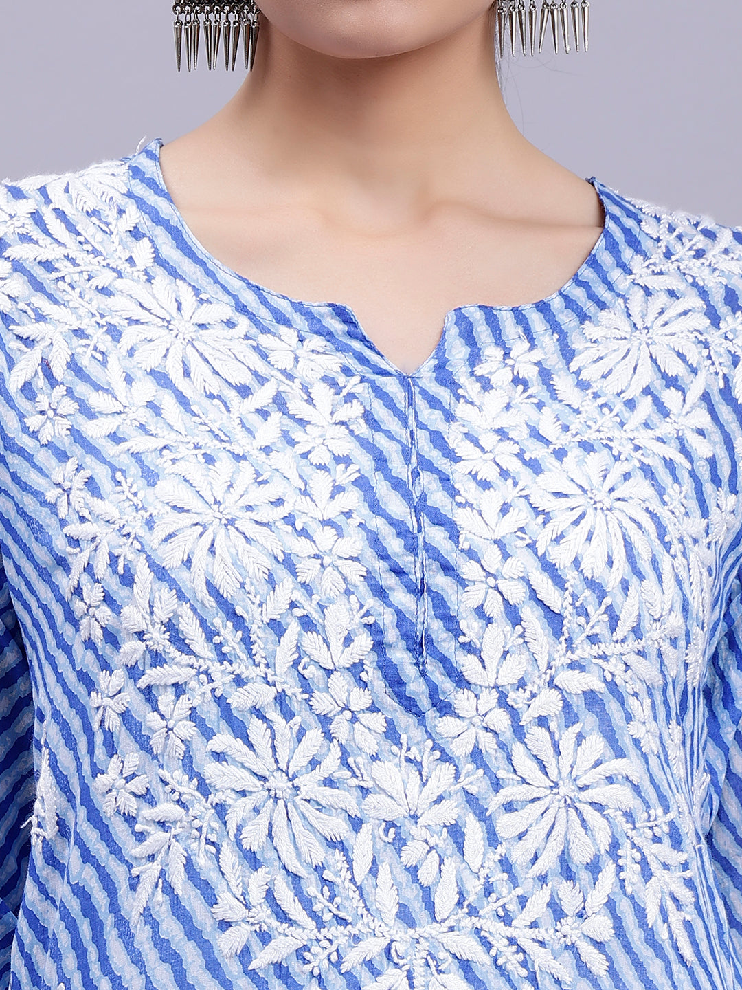 Dark Blue Mul Mul Lucknowi Leheriya Chikankari Kurti