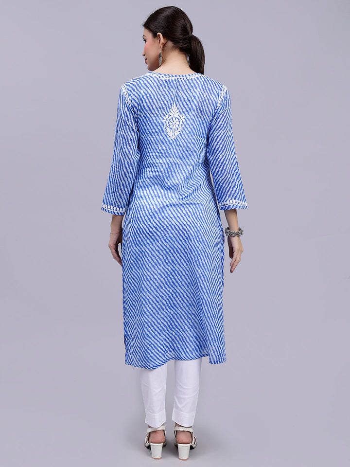 Dark Blue Mul Mul Lucknowi Leheriya Chikankari Kurti