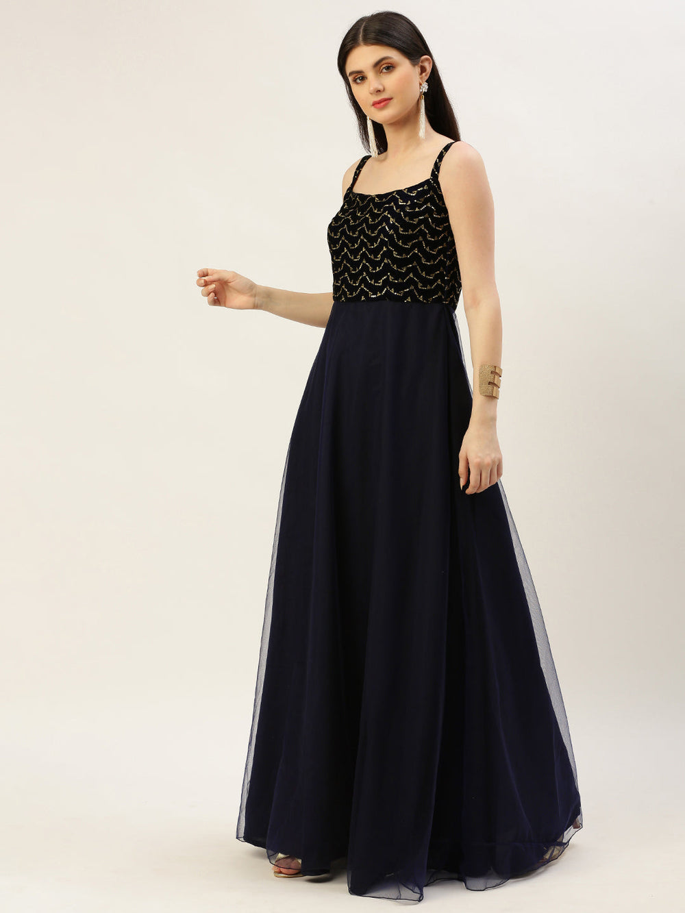 Dark-Blue-Velvet-Sequin-Dress-With-Net-Cape