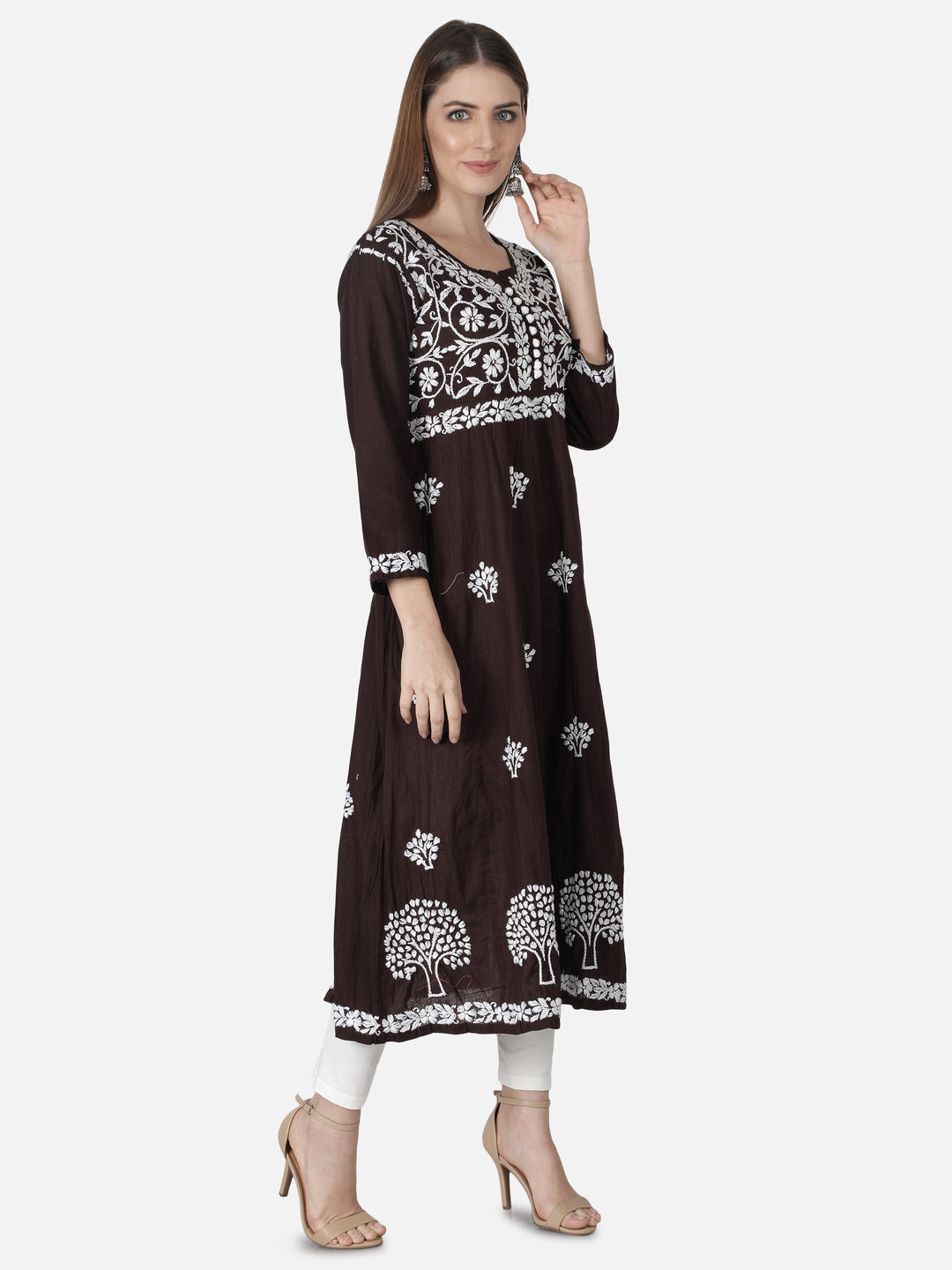 Dark Brown A-Line Kurta in Ghaspatti-Phanda Work