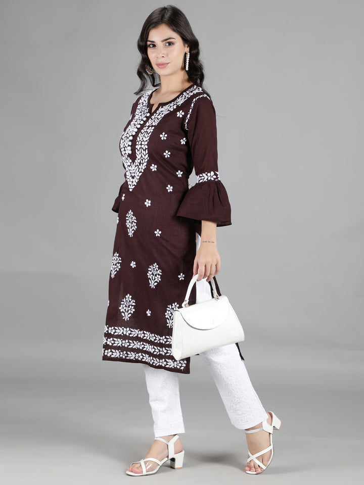 Dark Brown Cotton Chikan 2-Piece Kurta Set