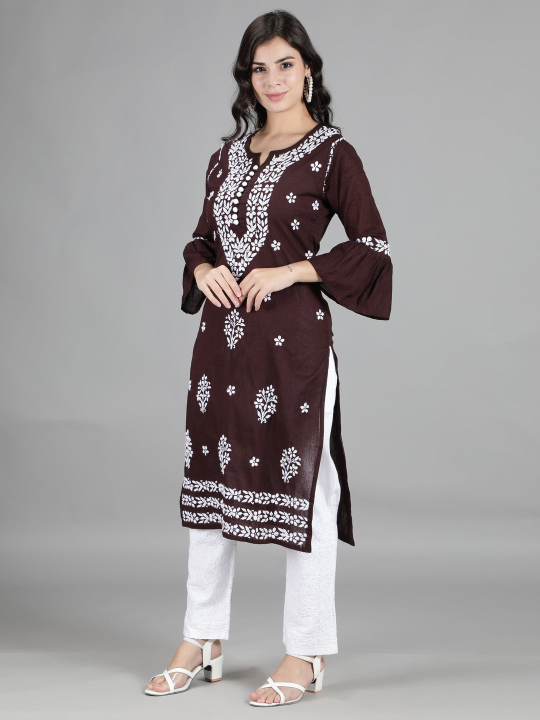 Dark Brown Cotton Chikan 2-Piece Kurta Set