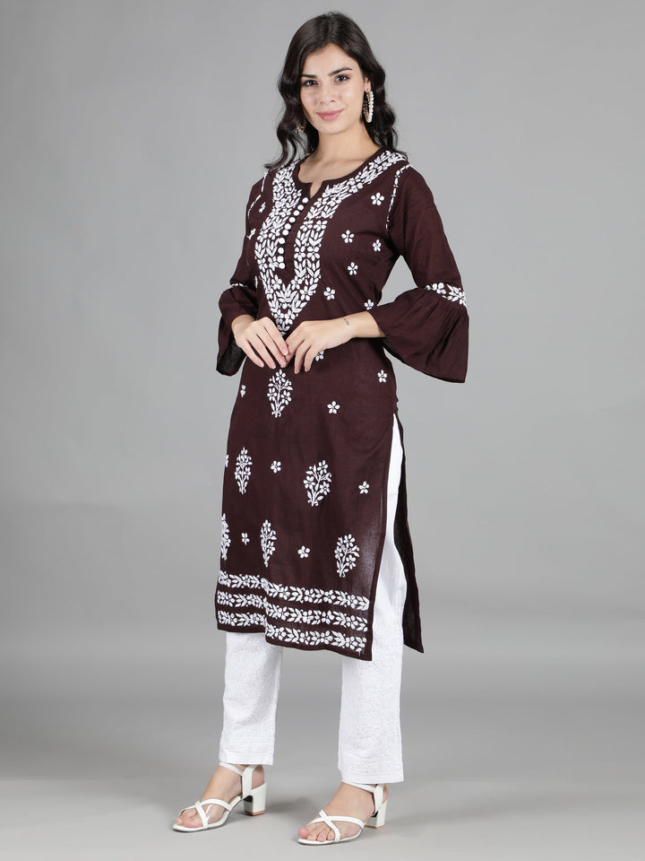 Dark Brown Cotton Chikan 2-Piece Kurta Set