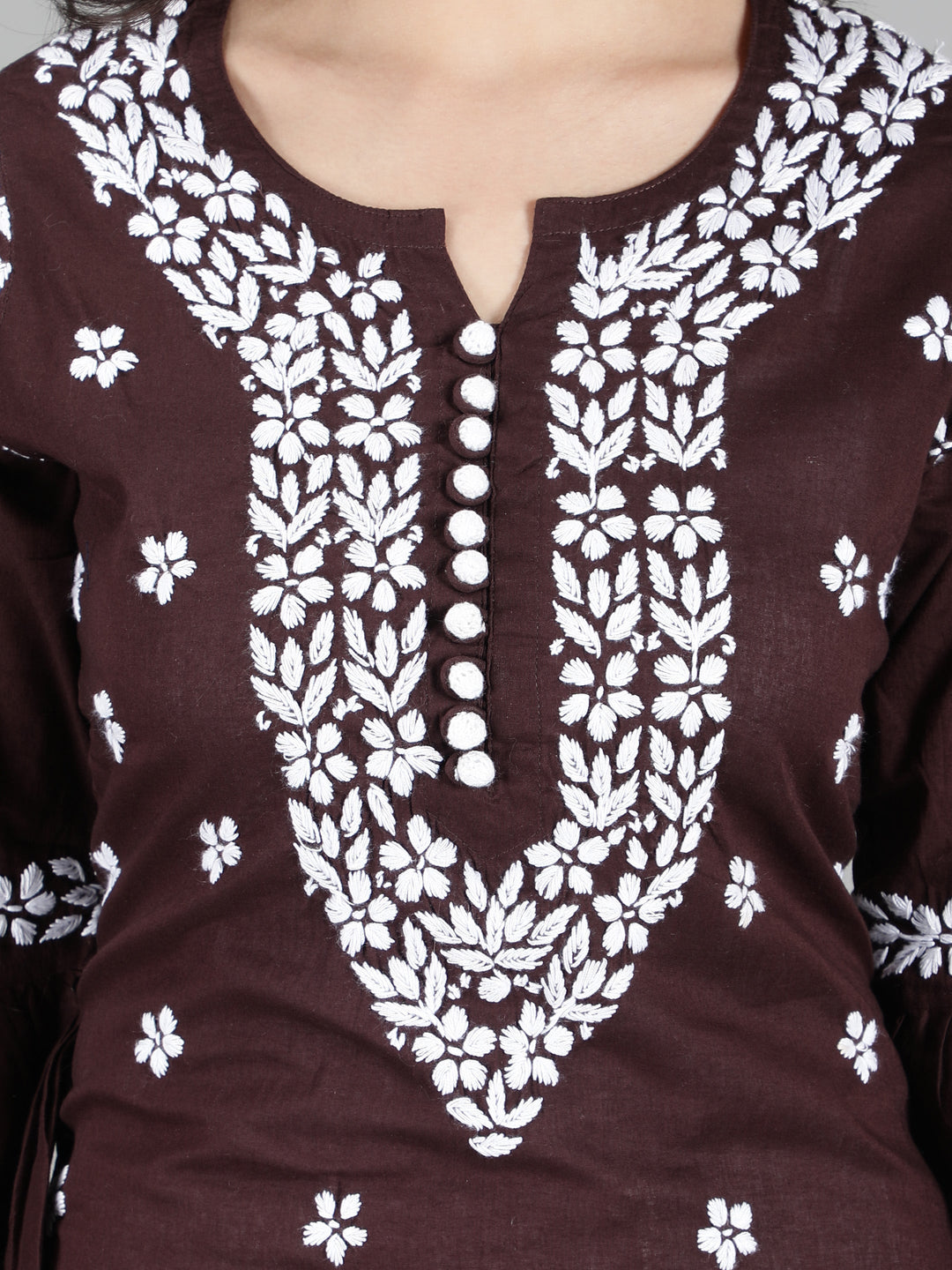 Dark Brown Cotton Chikan 2-Piece Kurta Set