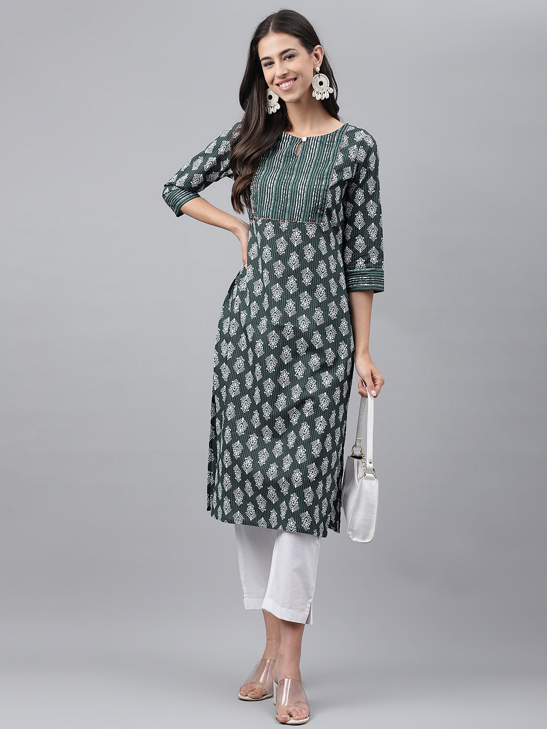 Dark Green Cotton Ethnic Motif Straight Kurta