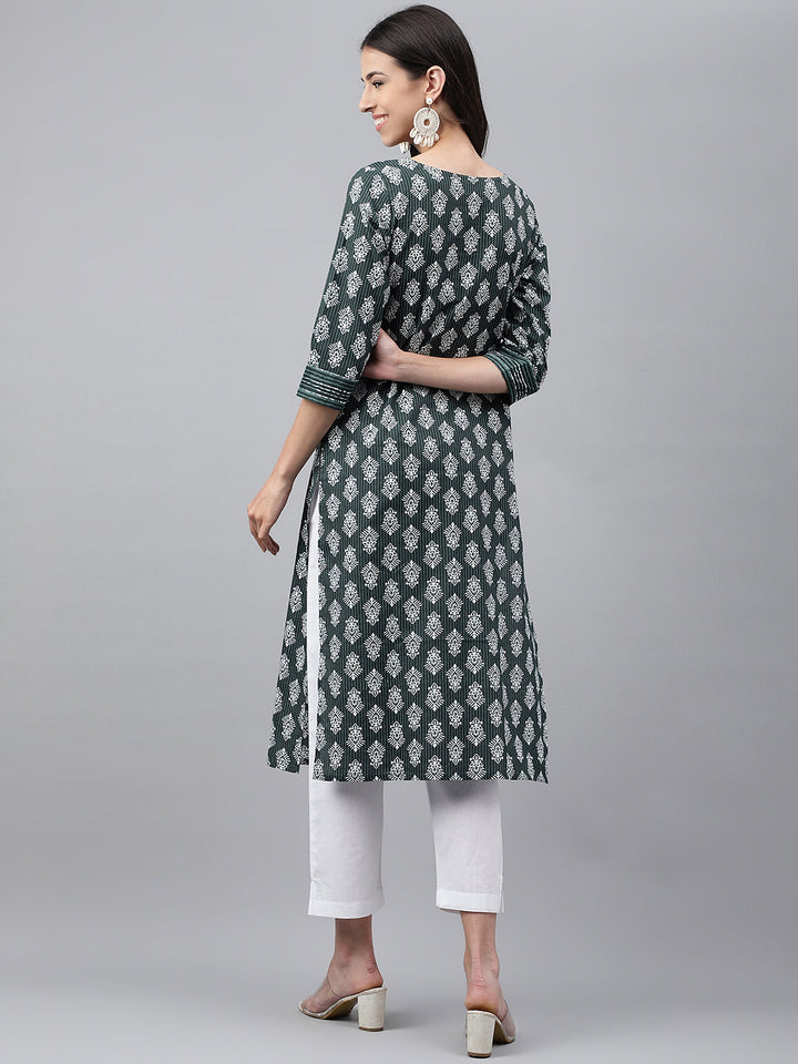 Dark Green Cotton Ethnic Motif Straight Kurta