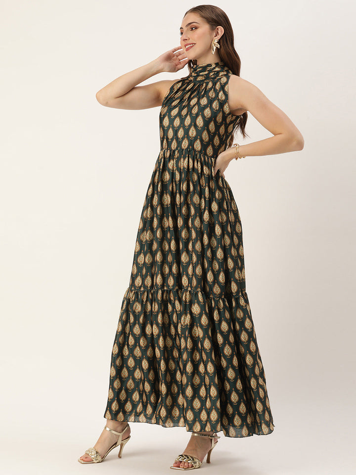 Dark Green Digital Printed Chinon Halter Neck Dress