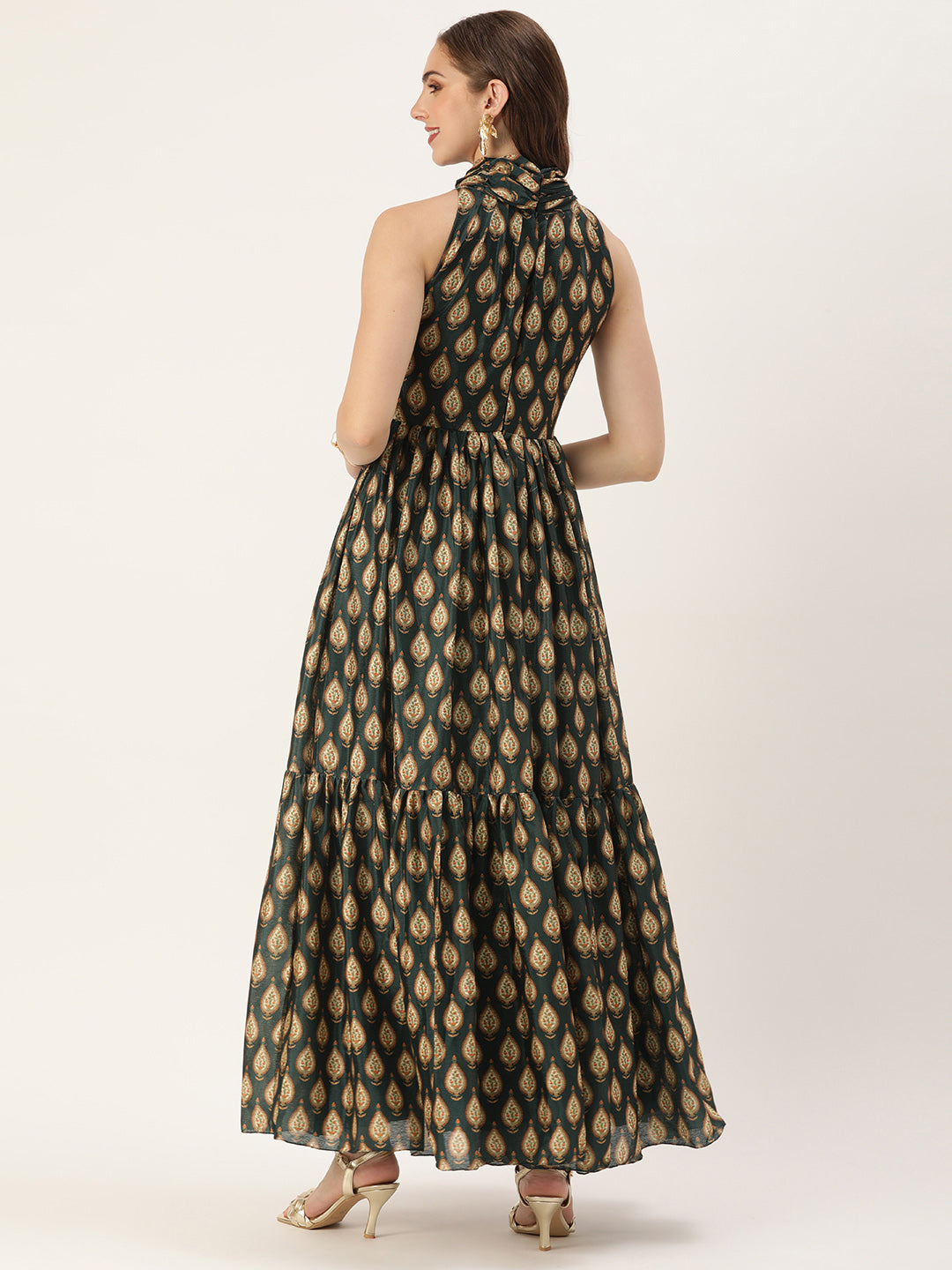 Dark Green Digital Printed Chinon Halter Neck Dress