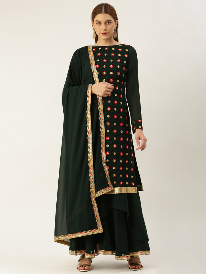 Dark Green Embroidered Asymmetrical Gharara Suit