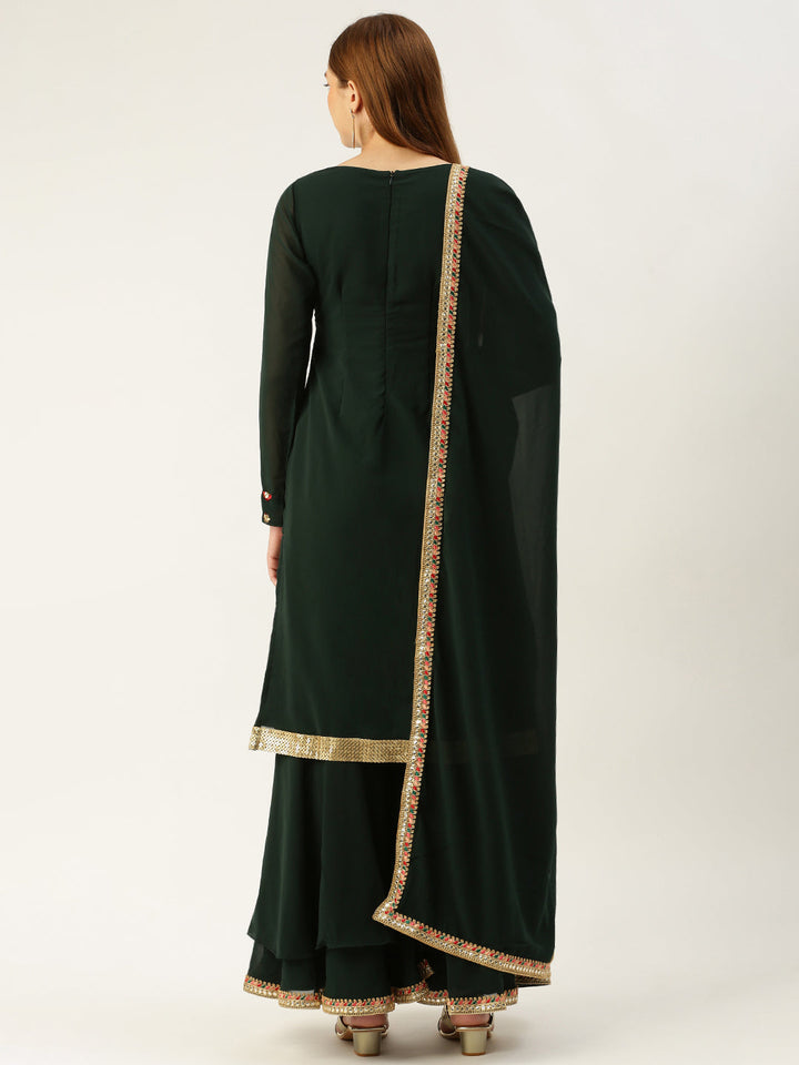 Dark Green Embroidered Asymmetrical Gharara Suit