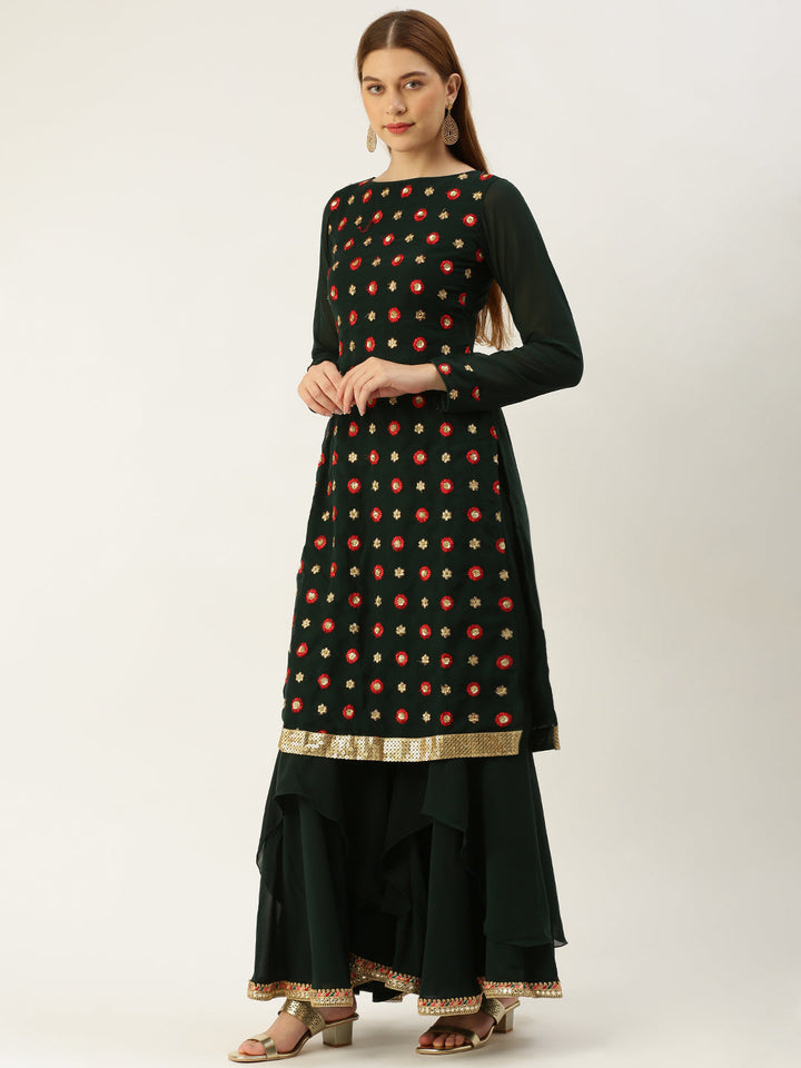 Dark Green Embroidered Asymmetrical Gharara Suit