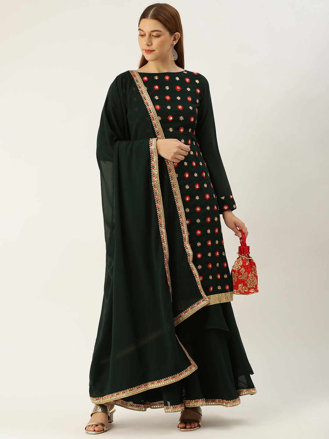 Dark Green Embroidered Asymmetrical Gharara Suit