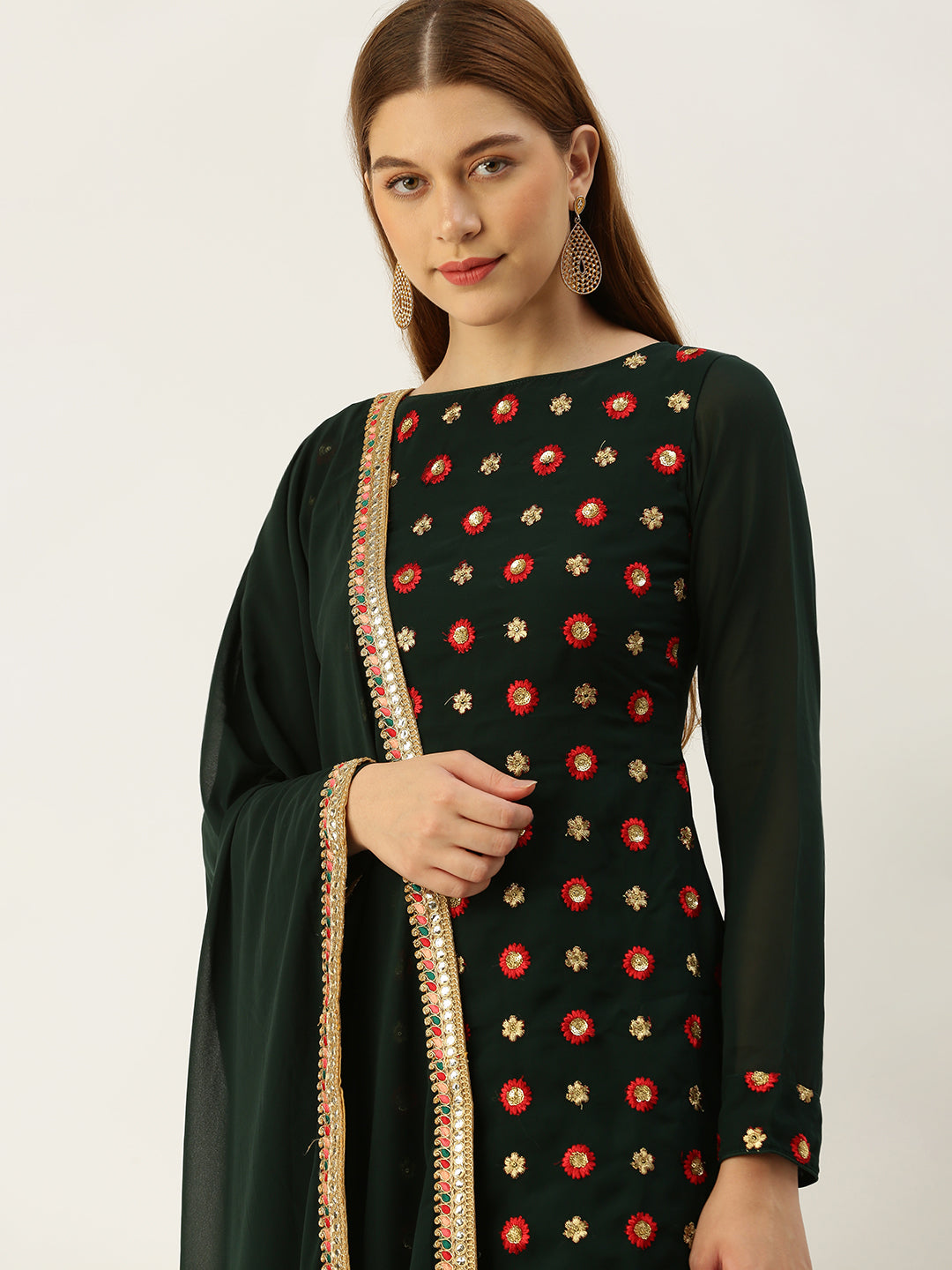Dark Green Embroidered Asymmetrical Gharara Suit