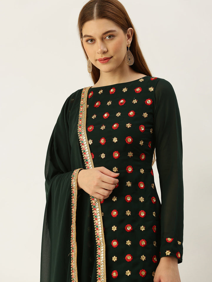 Dark Green Embroidered Asymmetrical Gharara Suit