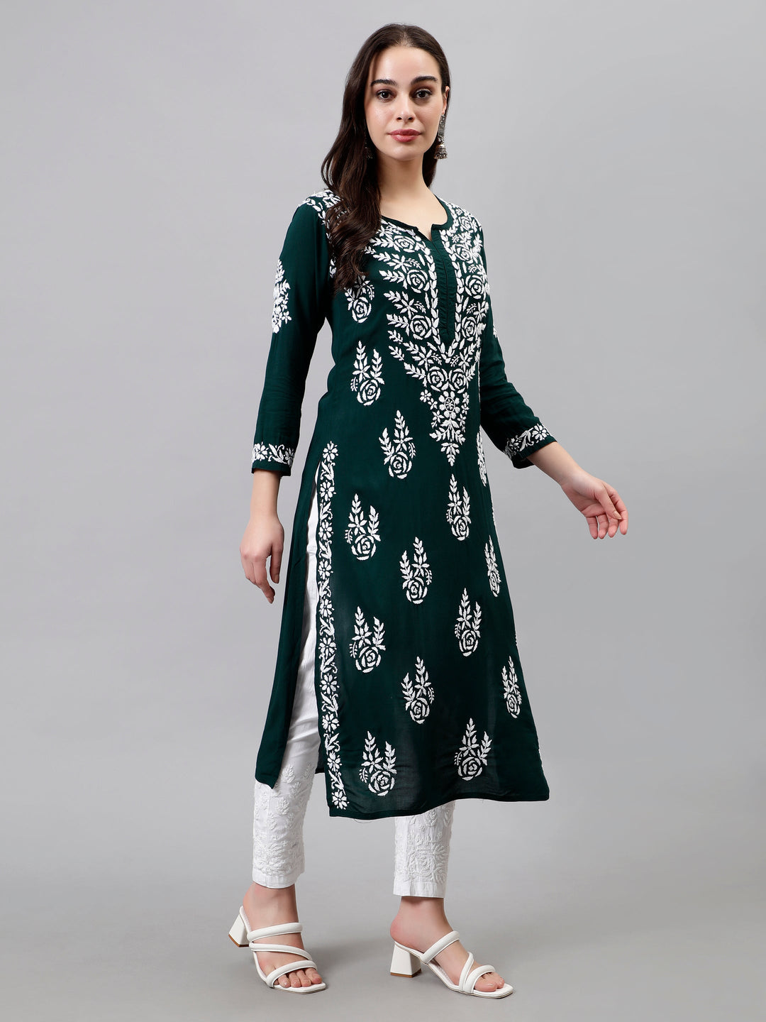 Dark-Green-Modal-Hand-Embroidered-Chikankari-Kurti