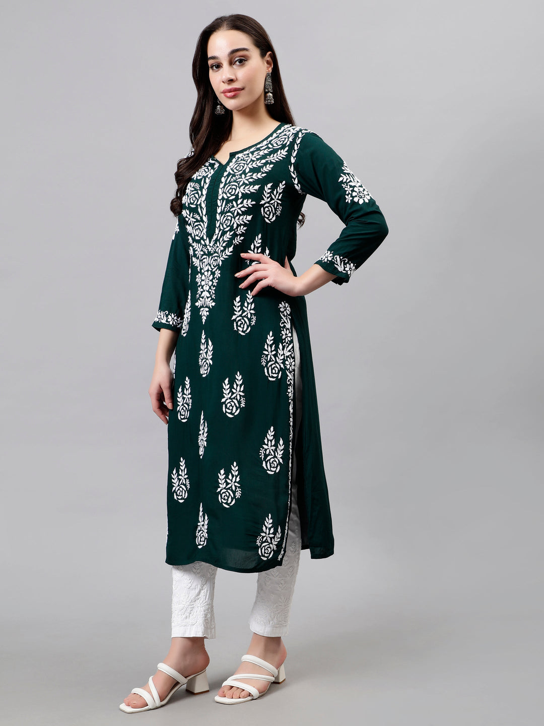 Dark-Green-Modal-Hand-Embroidered-Chikankari-Kurti